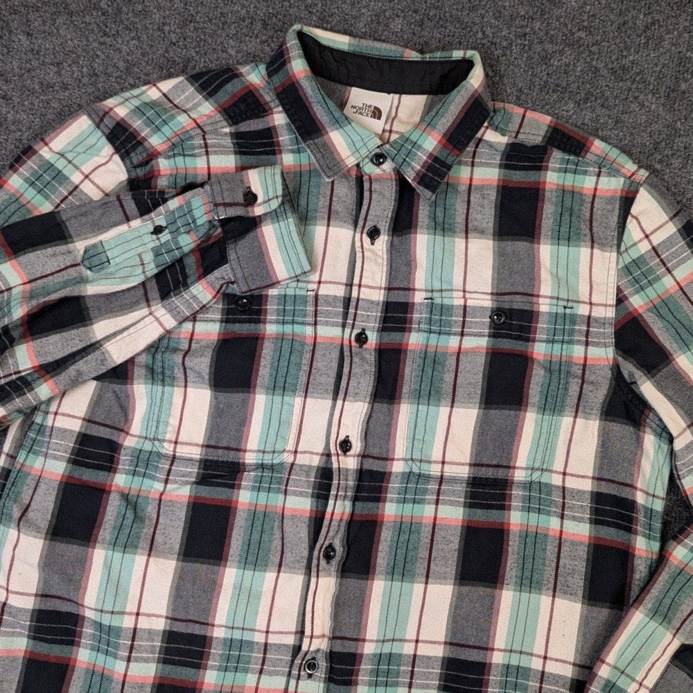 The North Face Mens Large Teal Plaid Flannel Button Down Long Sleeve Shirt
